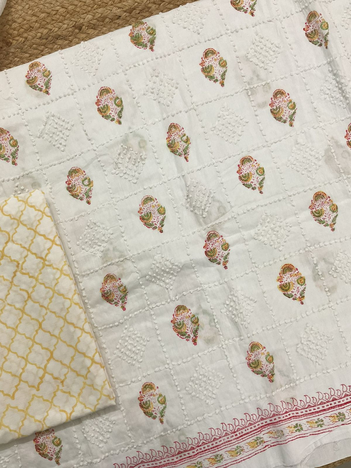 Pure Cotton Printed Embroidered Suit - White