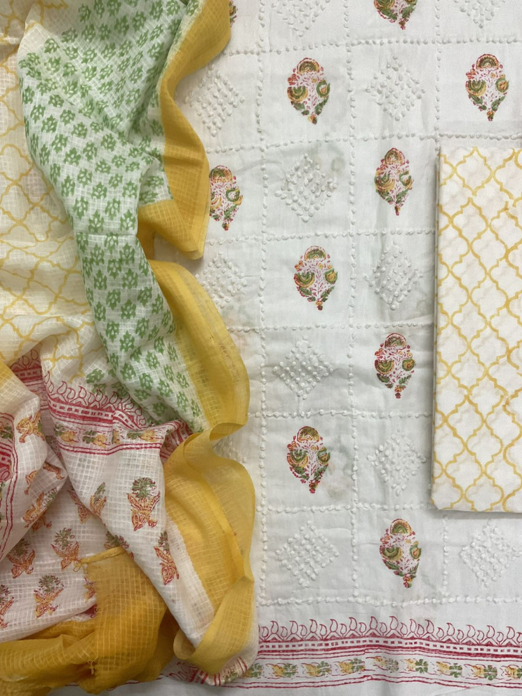 Image of Pure Cotton Printed Embroidered Suit - White