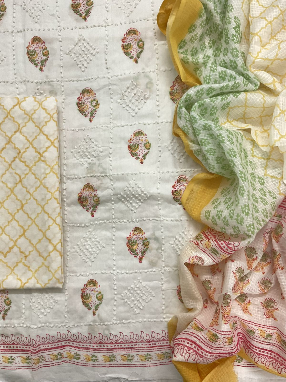 Pure Cotton Printed Embroidered Suit - White