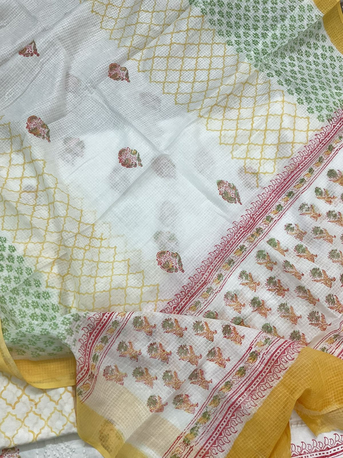 Pure Cotton Printed Embroidered Suit - White