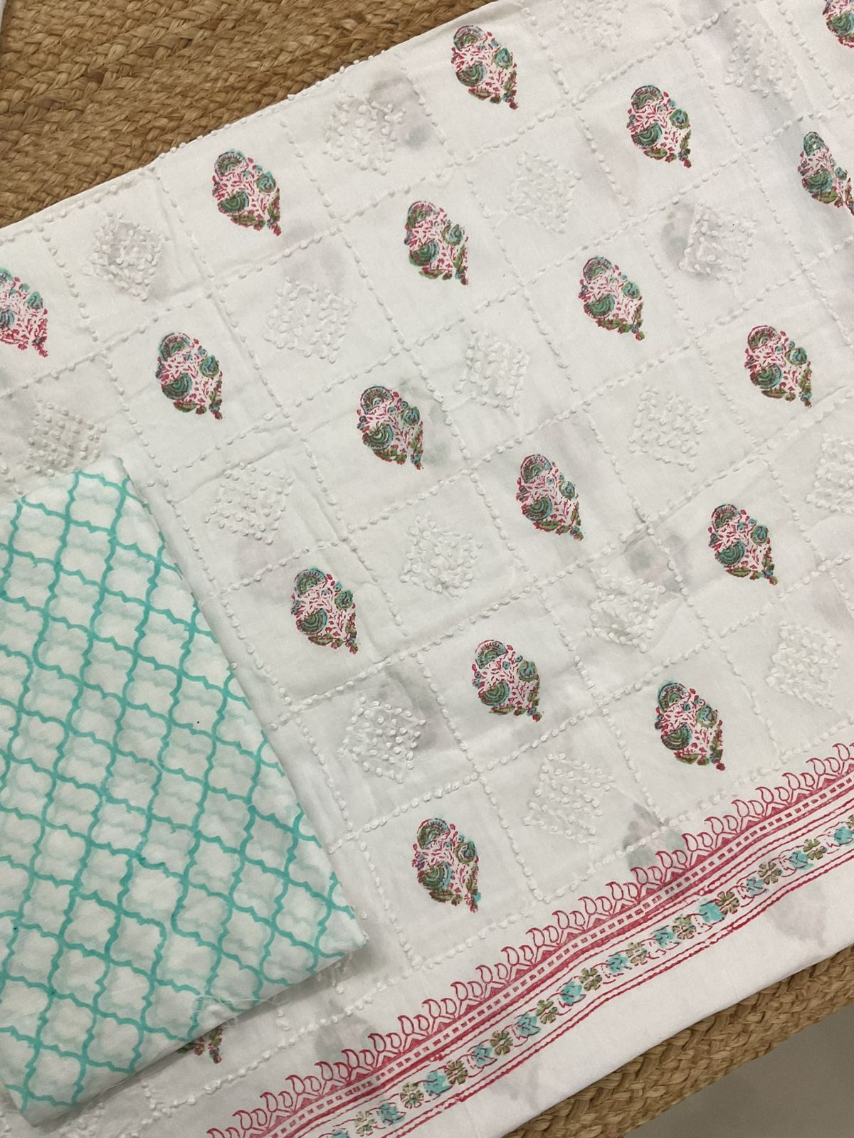 Pure Cotton Printed Embroidered Suit - White