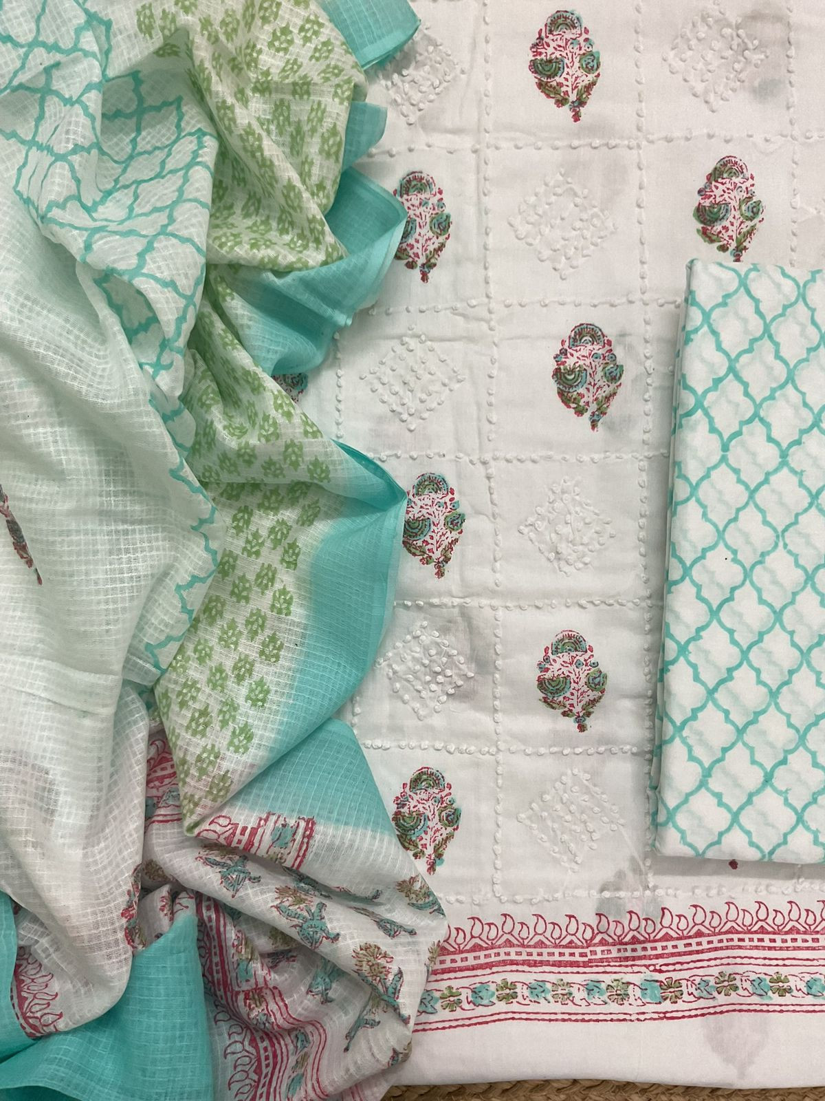 Pure Cotton Printed Embroidered Suit - White