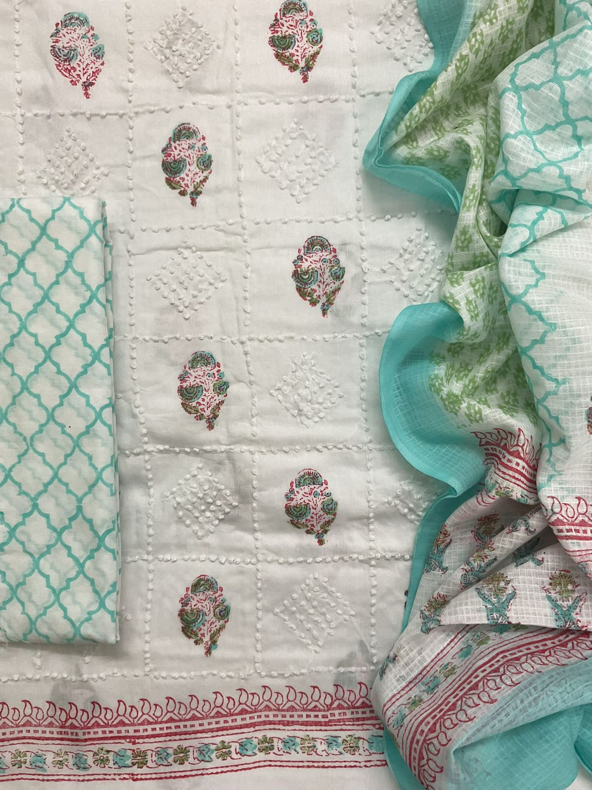 Pure Cotton Printed Embroidered Suit - White