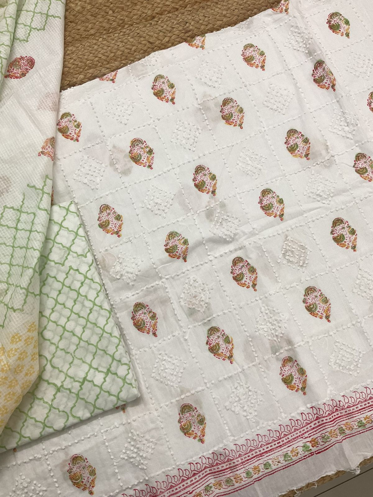 Pure Cotton Printed Embroidered Suit - White