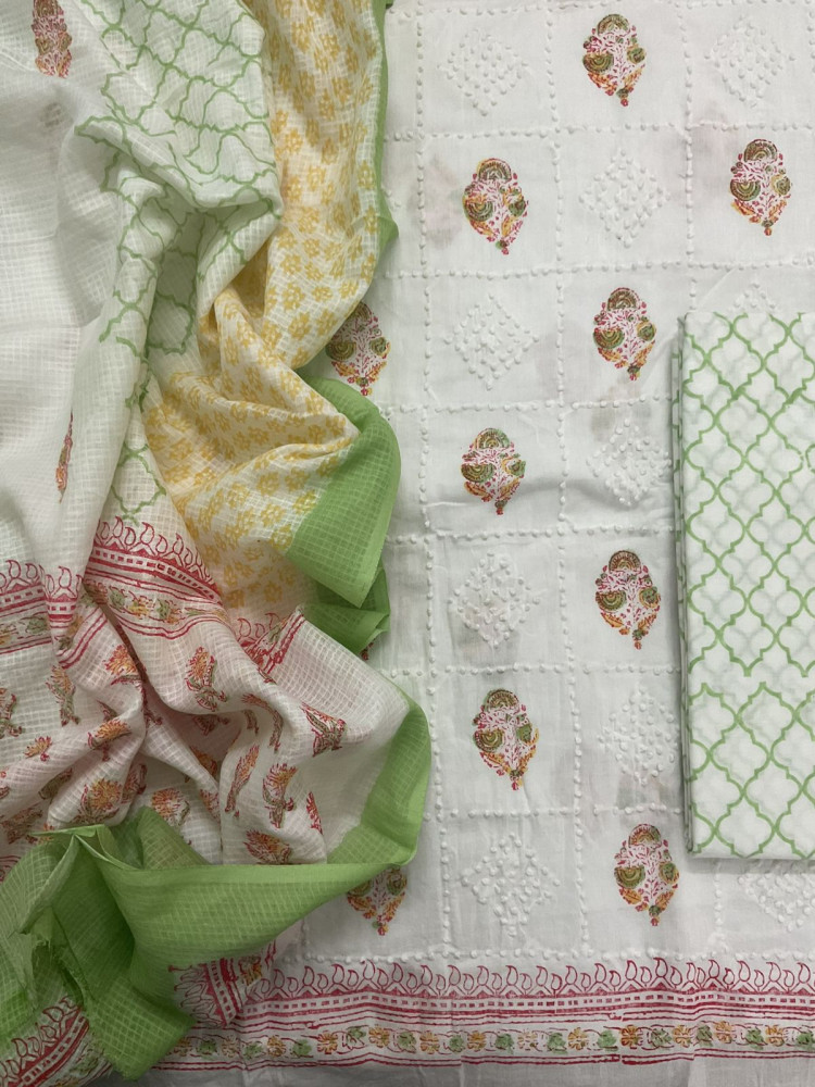 Image of Pure Cotton Printed Embroidered Suit - White