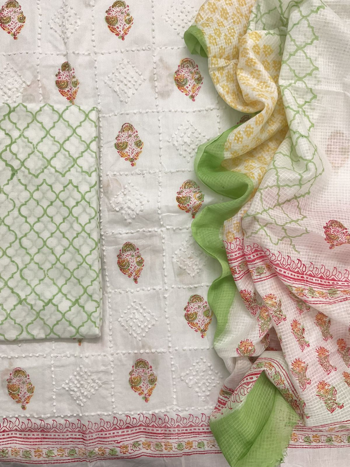 Pure Cotton Printed Embroidered Suit - White