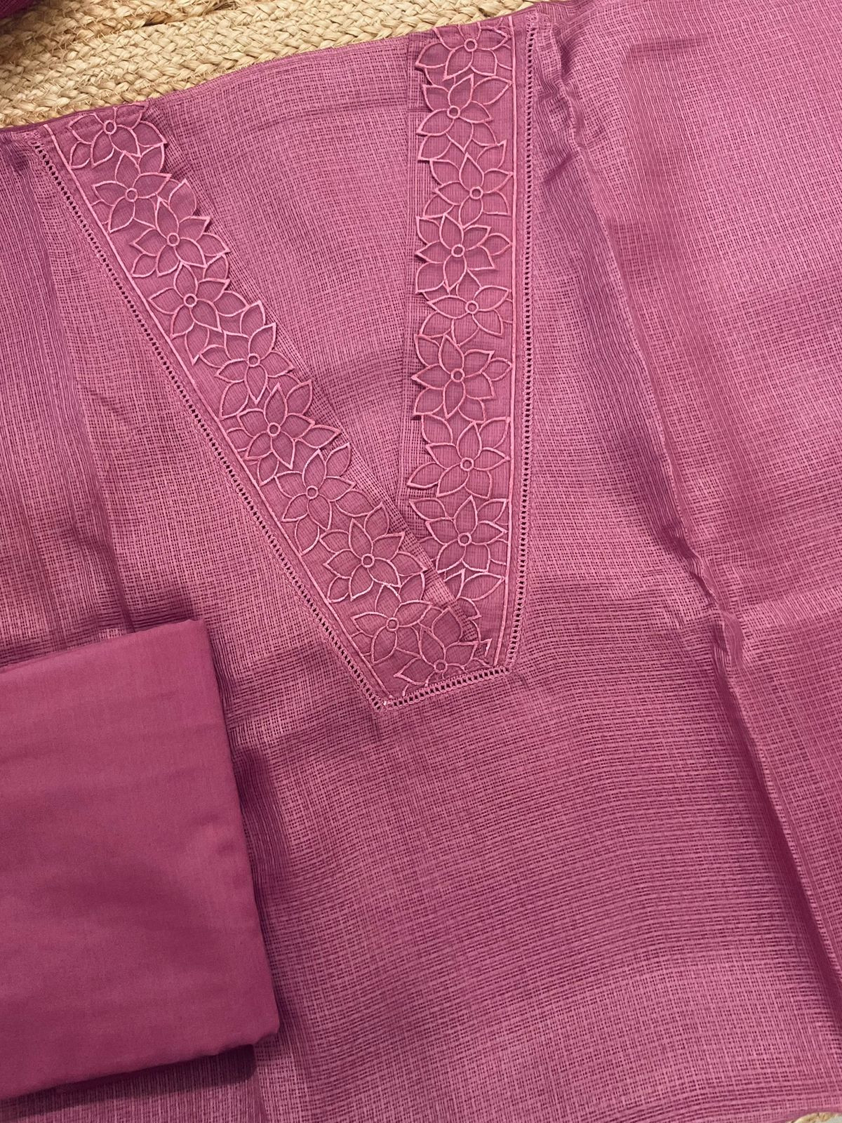 Soft Kota Silk Embroidered Suit - Pink