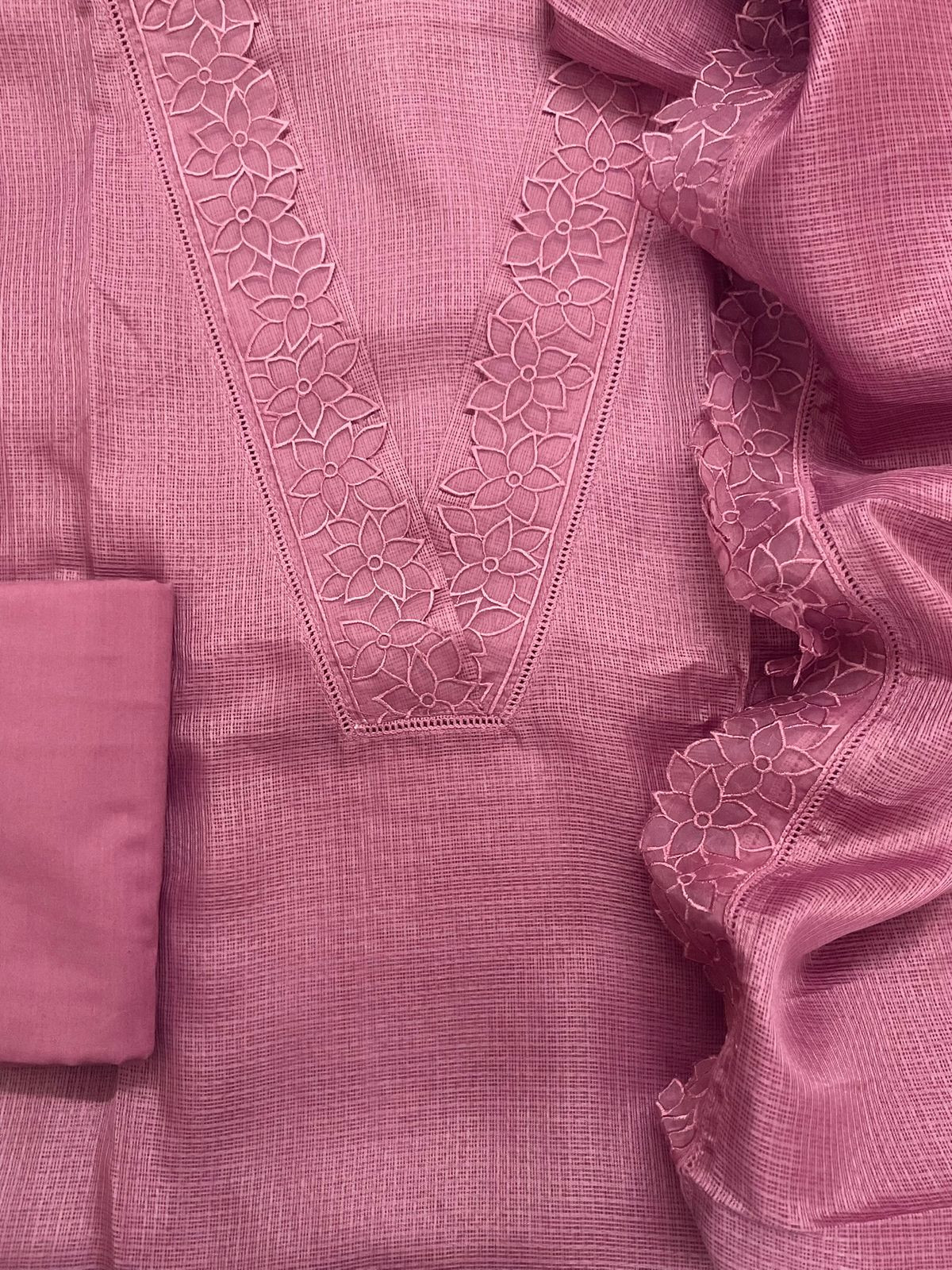 Soft Kota Silk Embroidered Suit - Pink