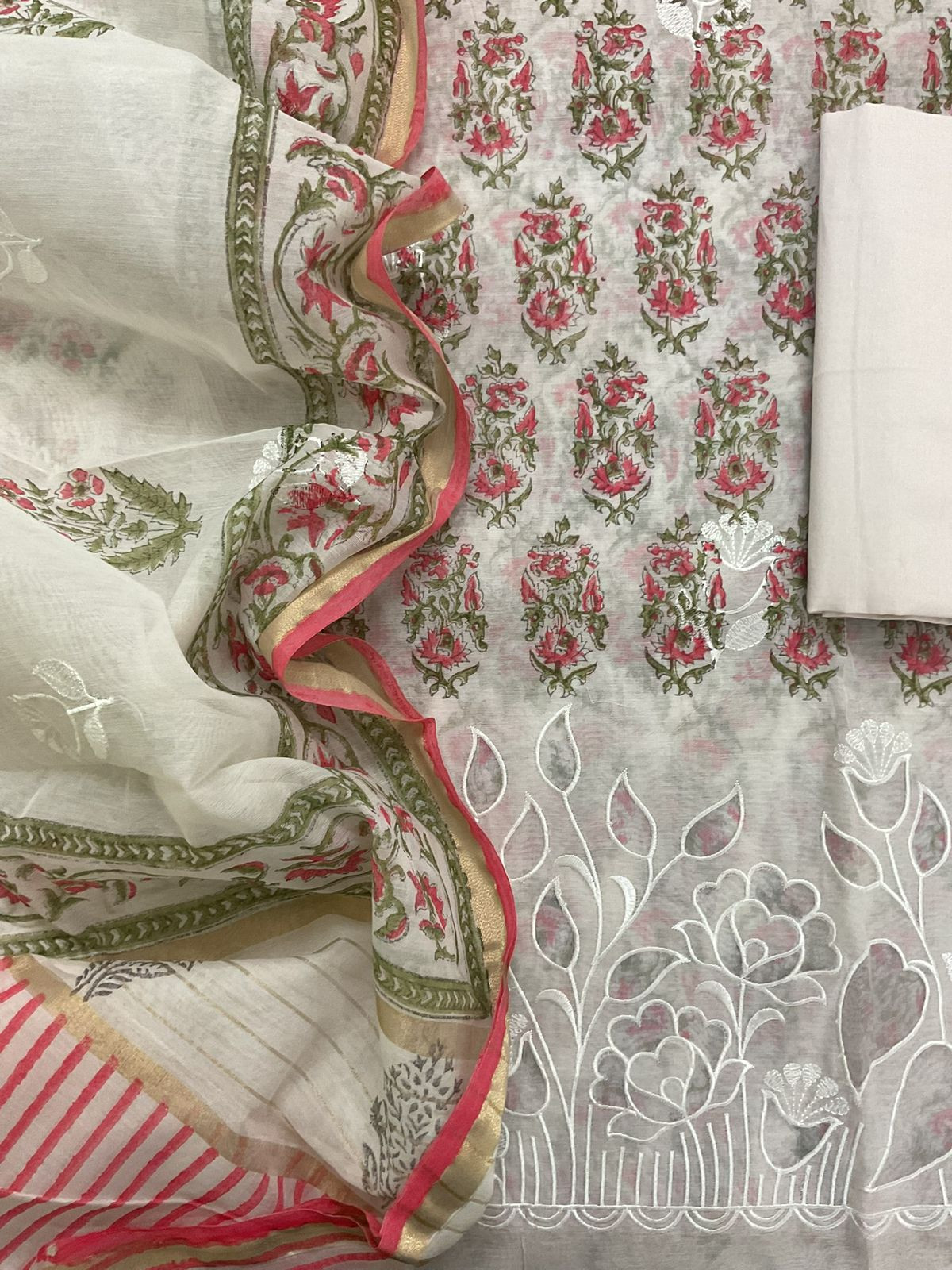 Soft Chanderi Printed Embroidered Suit - Off White
