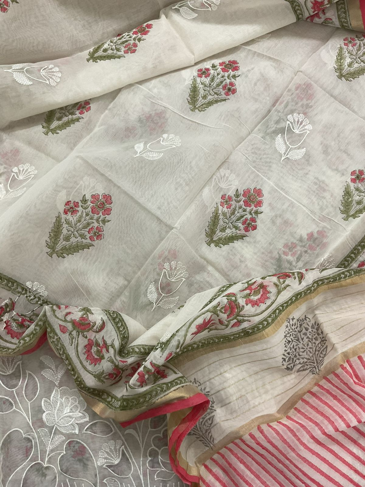 Soft Chanderi Printed Embroidered Suit - Off White