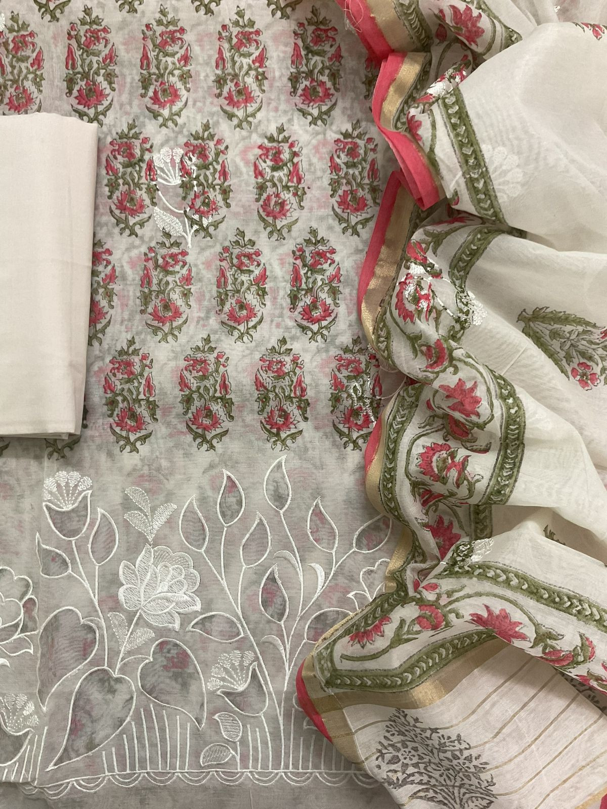 Soft Chanderi Printed Embroidered Suit - Off White