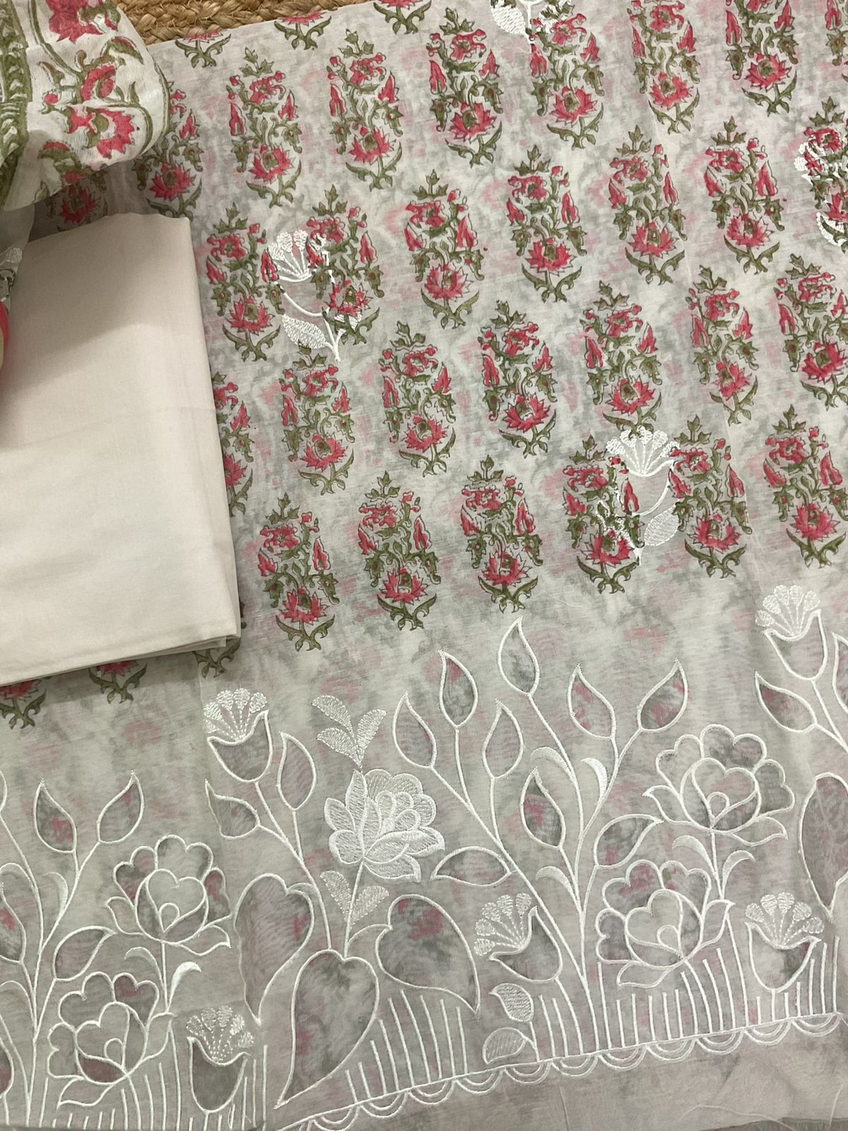 Soft Chanderi Printed Embroidered Suit - Off White