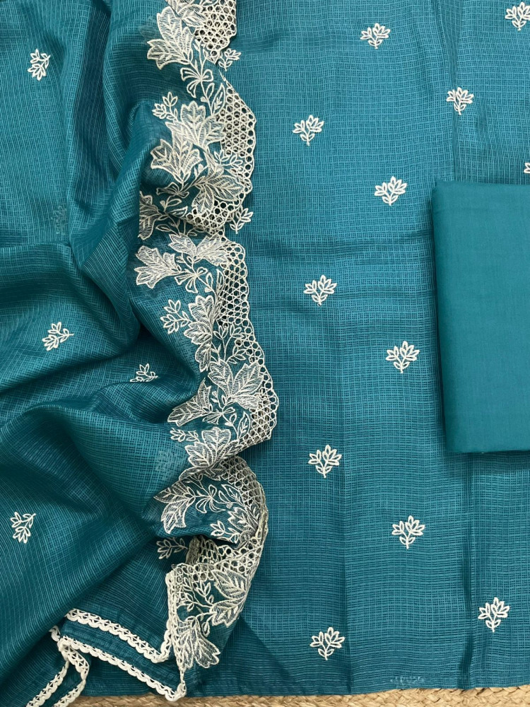 Image of Soft Kota Silk Embroidered Suit - Blue