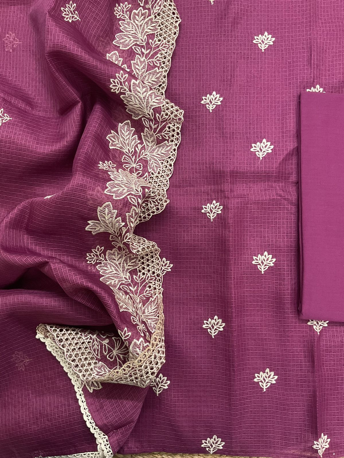 Soft Kota Silk Embroidered Suit - Wine