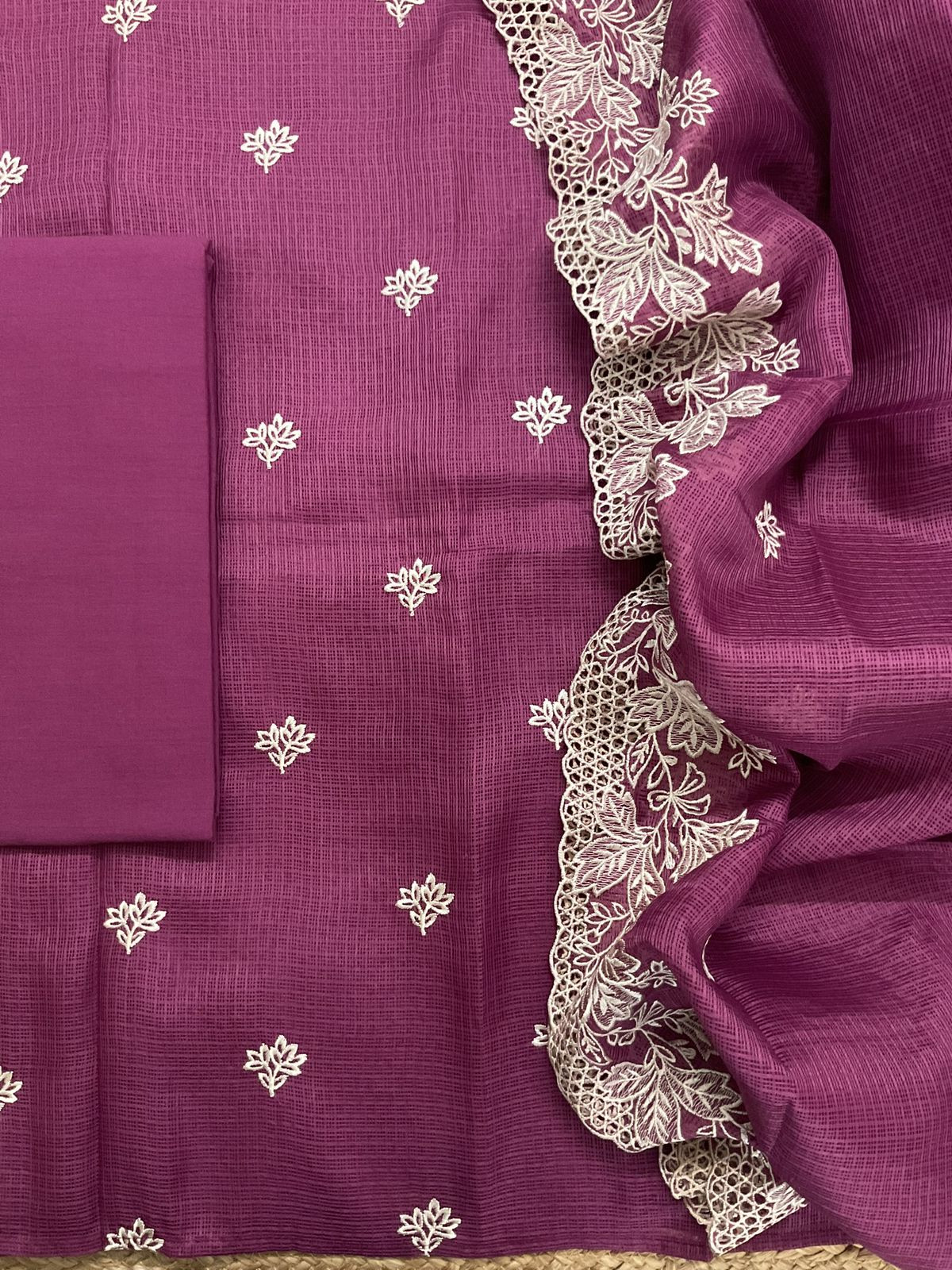 Soft Kota Silk Embroidered Suit - Wine