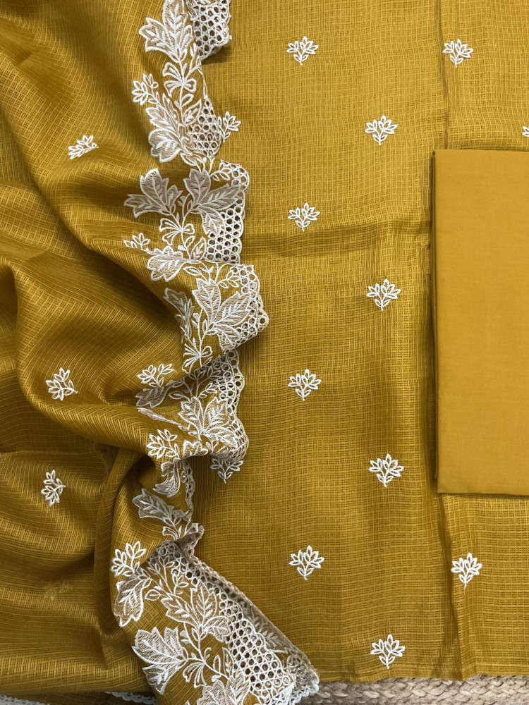 Image of Soft Kota Silk Embroidered Suit - Yellow
