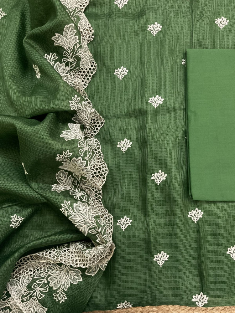 Image of Soft Kota Silk Embroidered Suit - Green