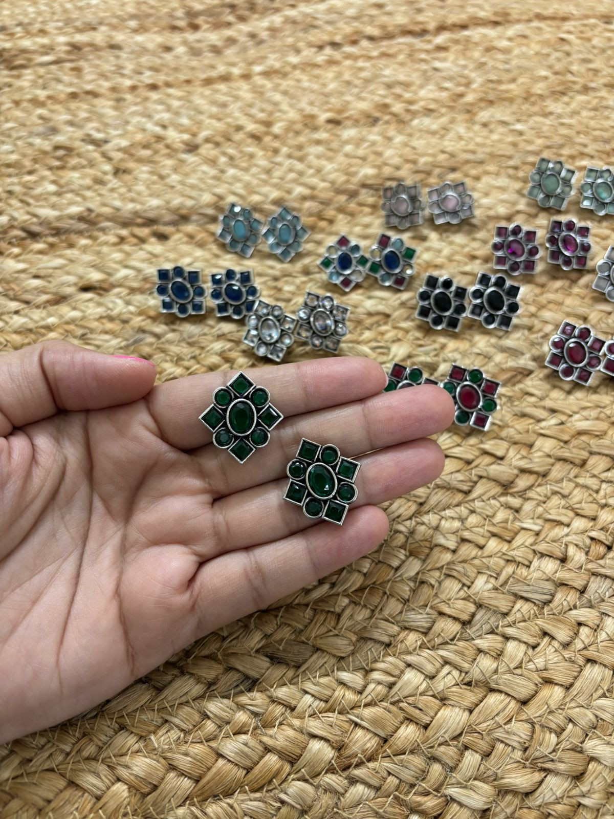 Metallic Silver Oxidised Studs With Stone Settings - Green