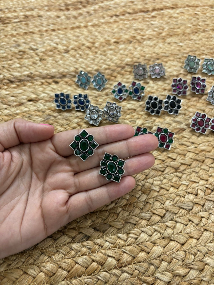 Image of Metallic Silver Oxidised Studs With Stone Settings - Green