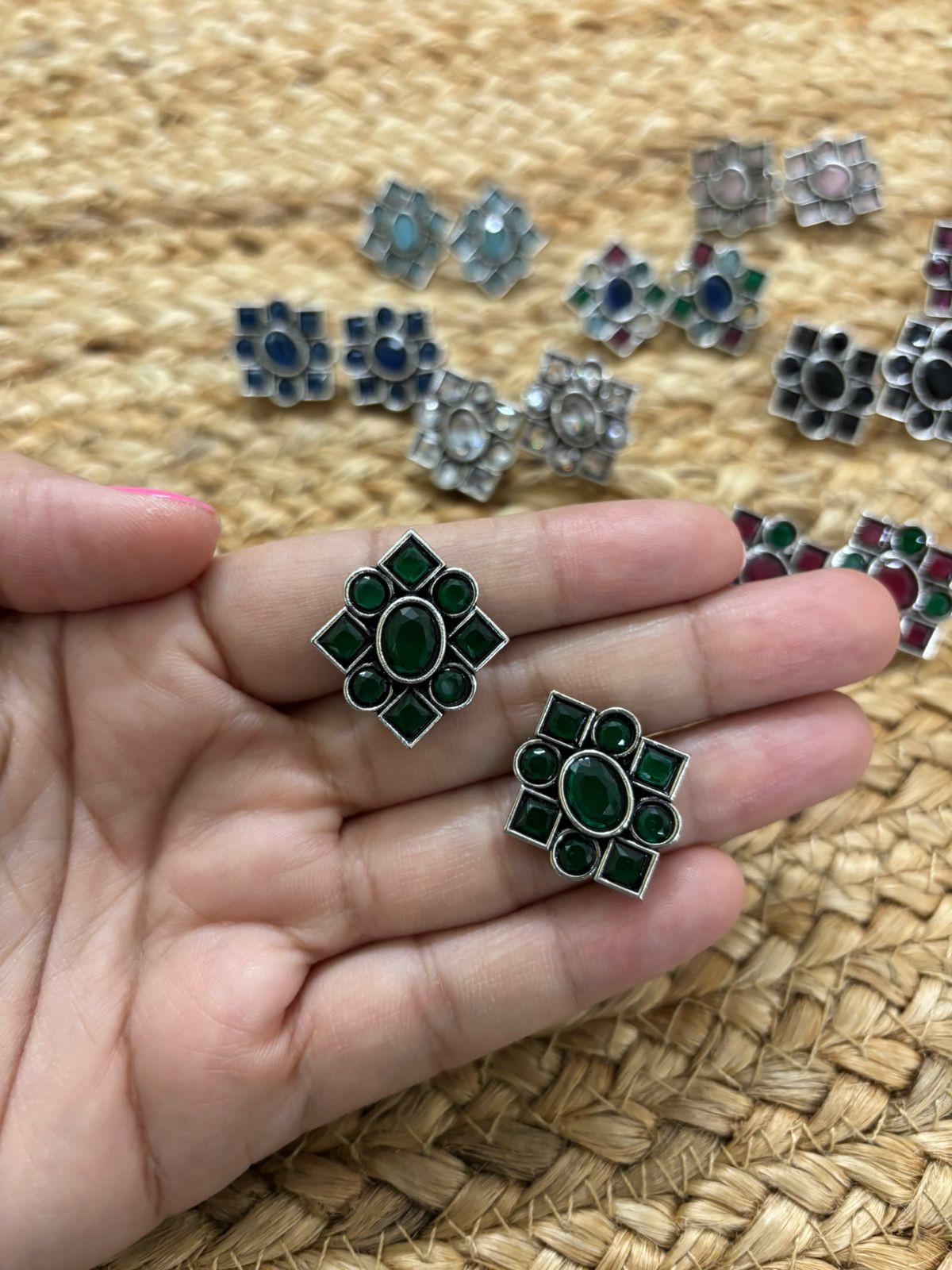 Metallic Silver Oxidised Studs With Stone Settings - Green