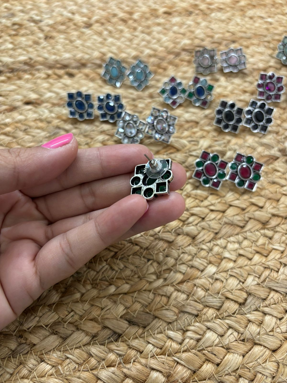 Metallic Silver Oxidised Studs With Stone Settings - Green