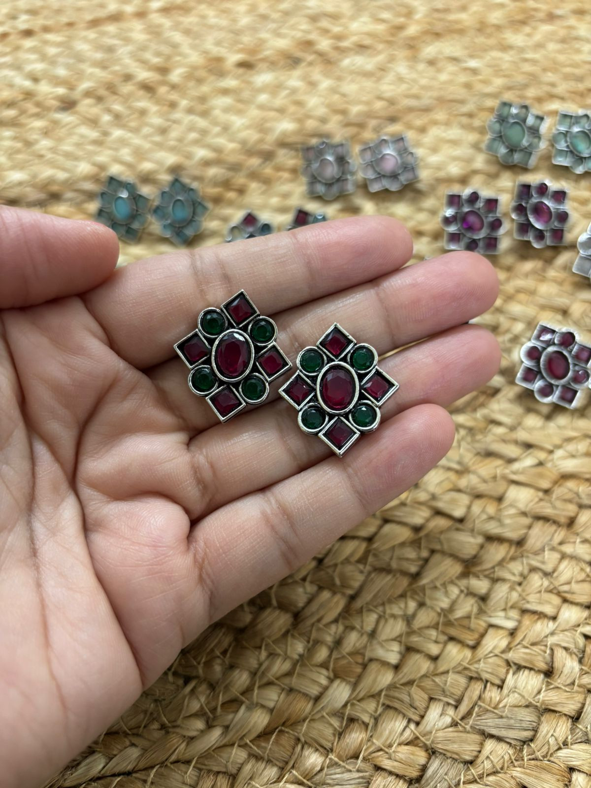 Metallic Silver Oxidised Studs With Stone Settings - Red-Green