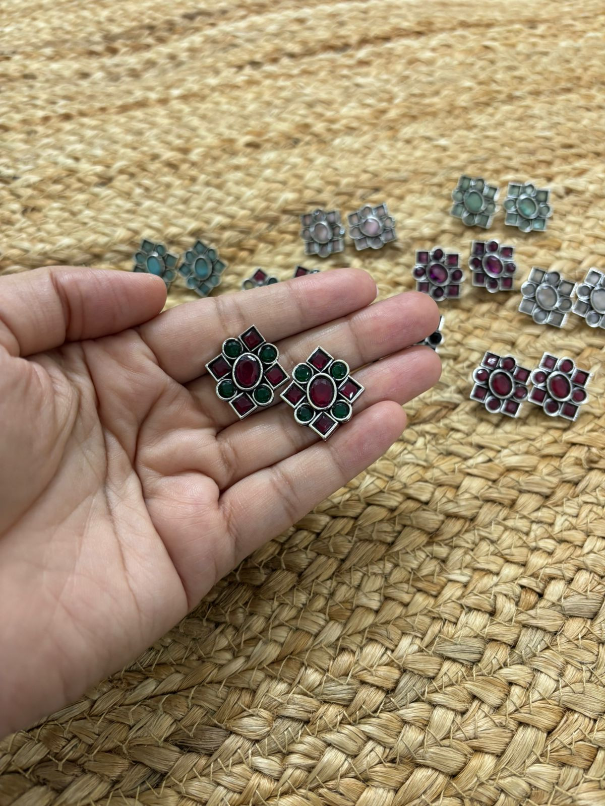 Metallic Silver Oxidised Studs With Stone Settings - Red-Green