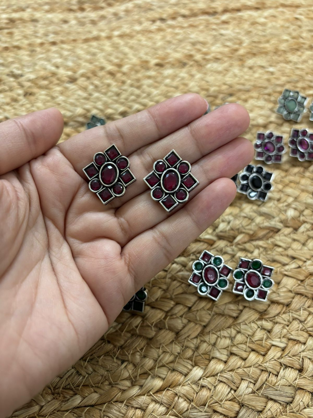 Metallic Silver Oxidised Studs With Stone Settings - Red