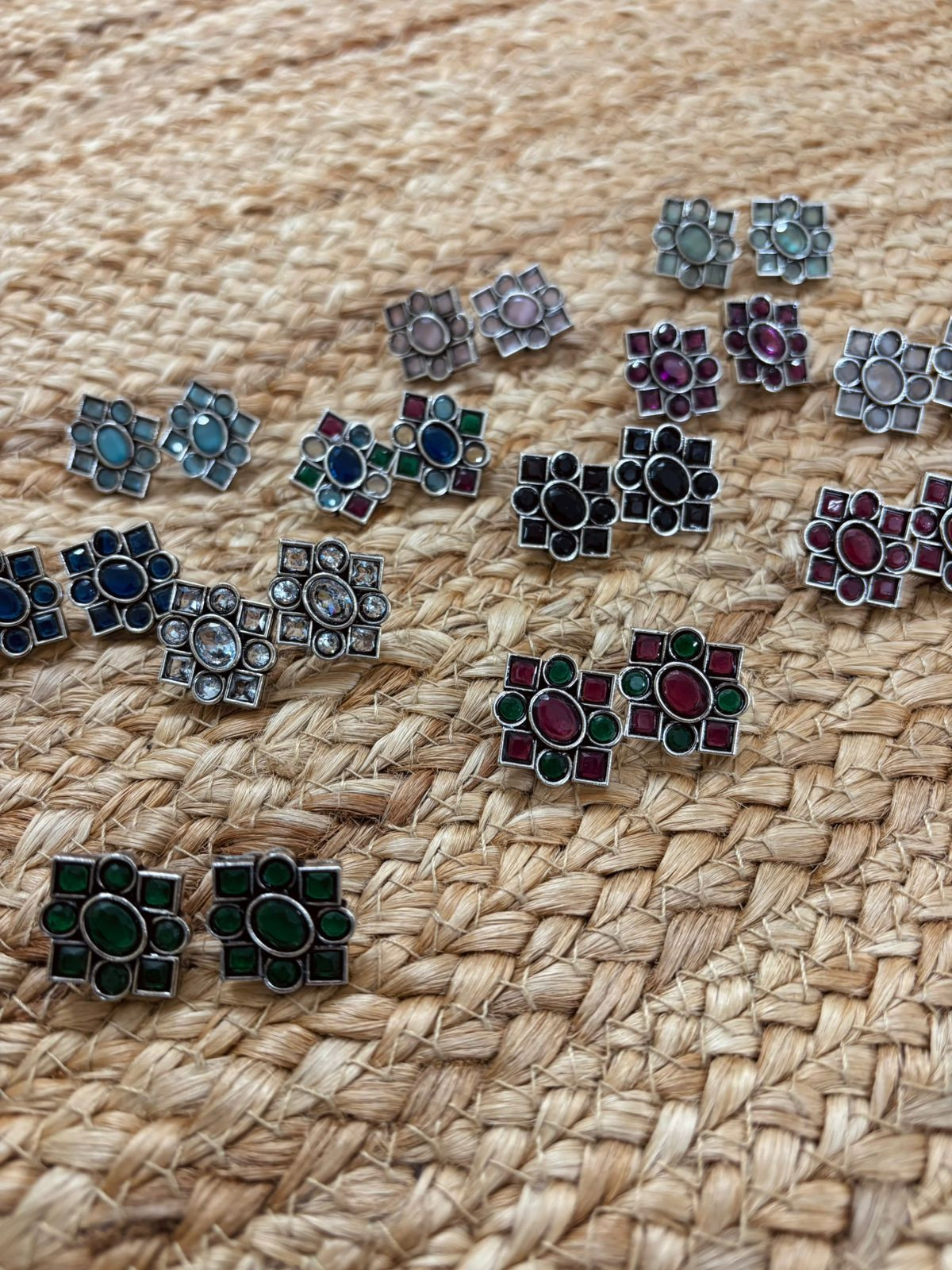 Metallic Silver Oxidised Studs With Stone Settings - Red