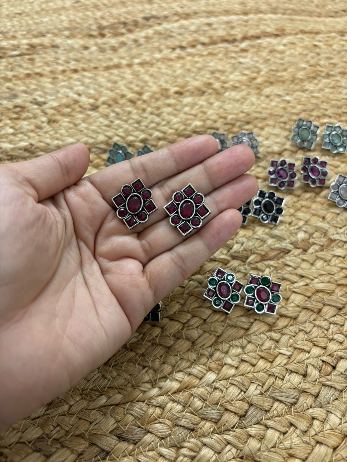 Metallic Silver Oxidised Studs With Stone Settings - Red