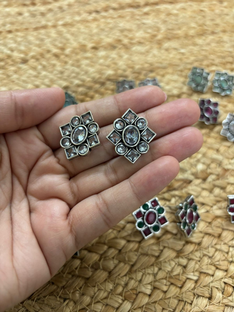 Image of Metallic Silver Oxidised Studs With Stone Settings - Transparent