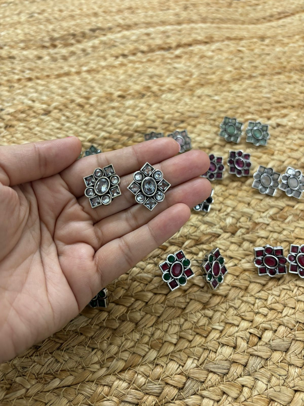 Metallic Silver Oxidised Studs With Stone Settings - Transparent