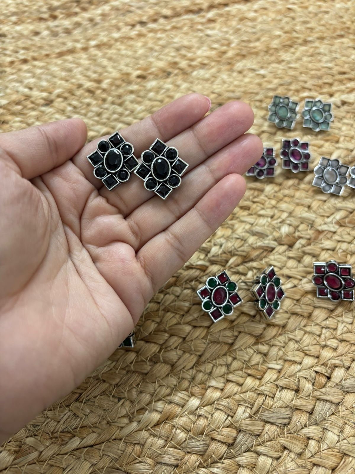 Metallic Silver Oxidised Studs With Stone Settings - Black