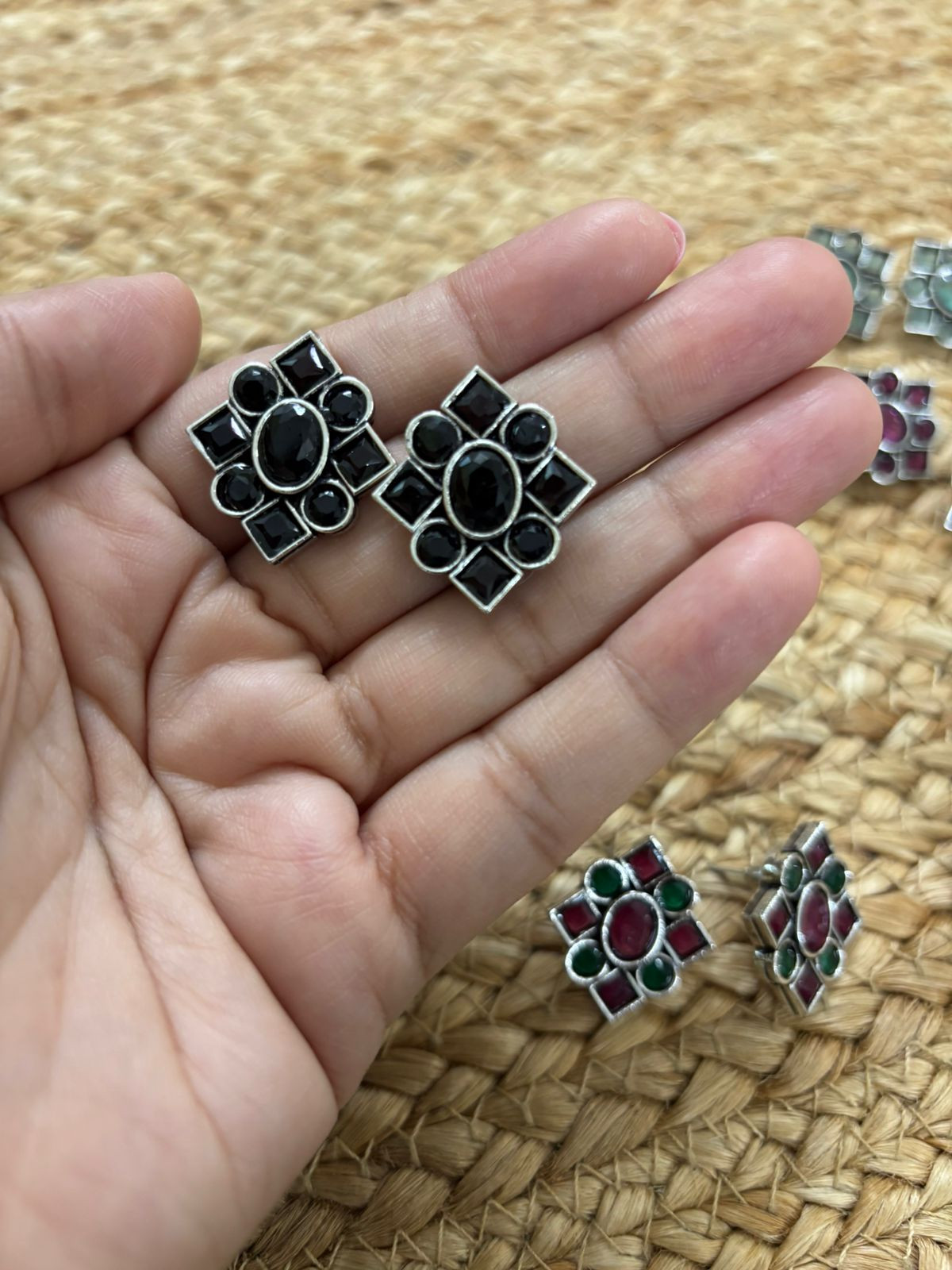 Metallic Silver Oxidised Studs With Stone Settings - Black
