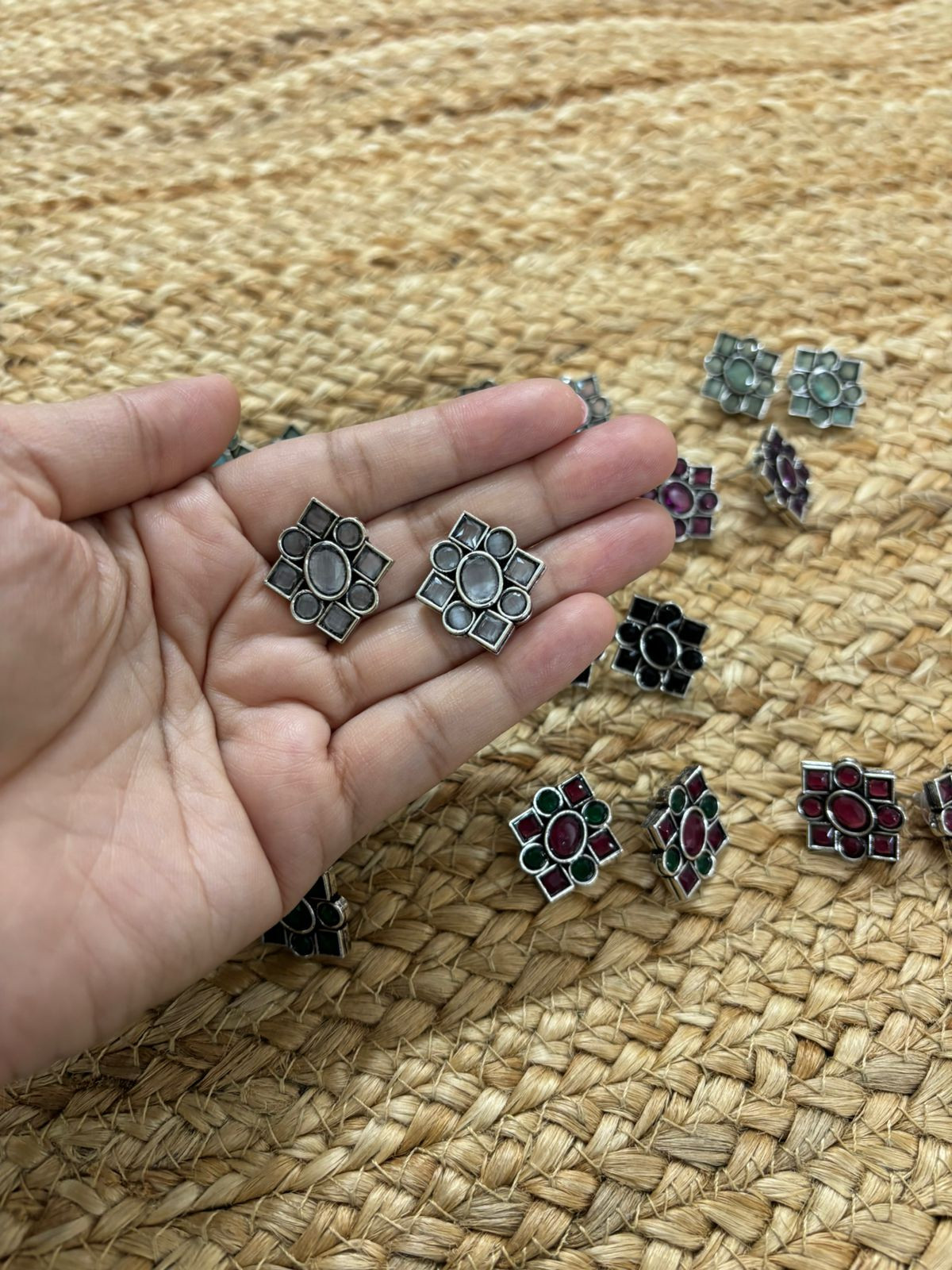 Metallic Silver Oxidised Studs With Stone Settings - Grey