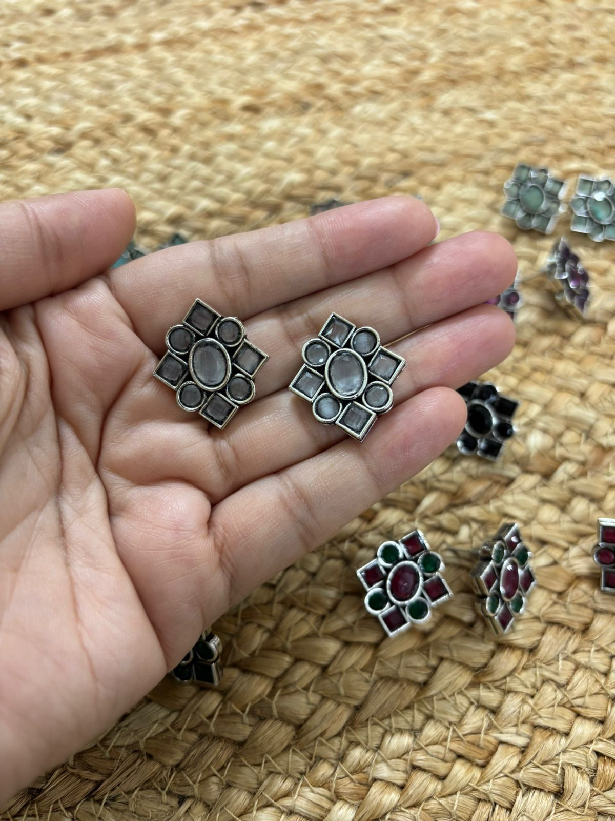 Metallic Silver Oxidised Studs With Stone Settings - Grey