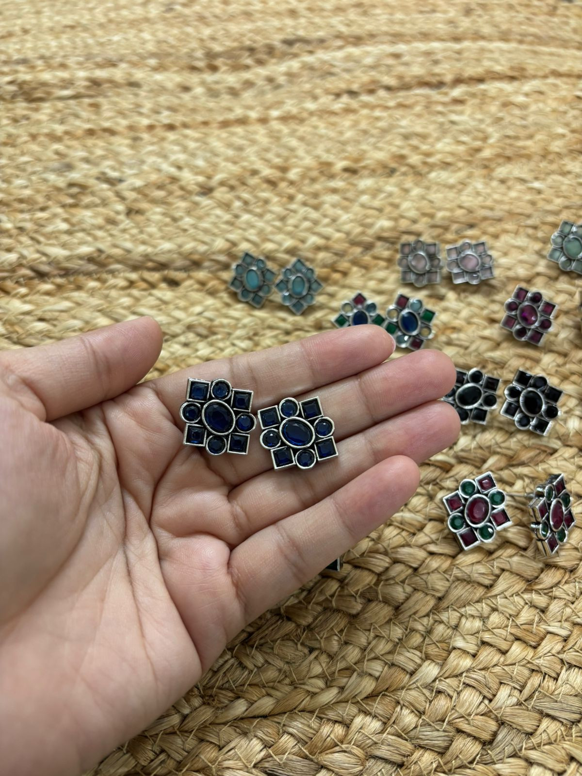 Metallic Silver Oxidised Studs With Stone Settings - Blue