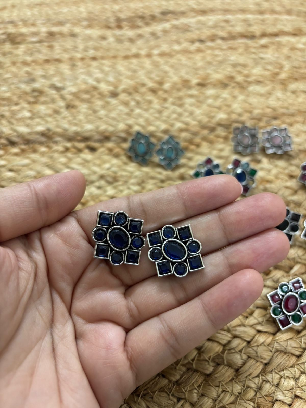 Metallic Silver Oxidised Studs With Stone Settings - Blue