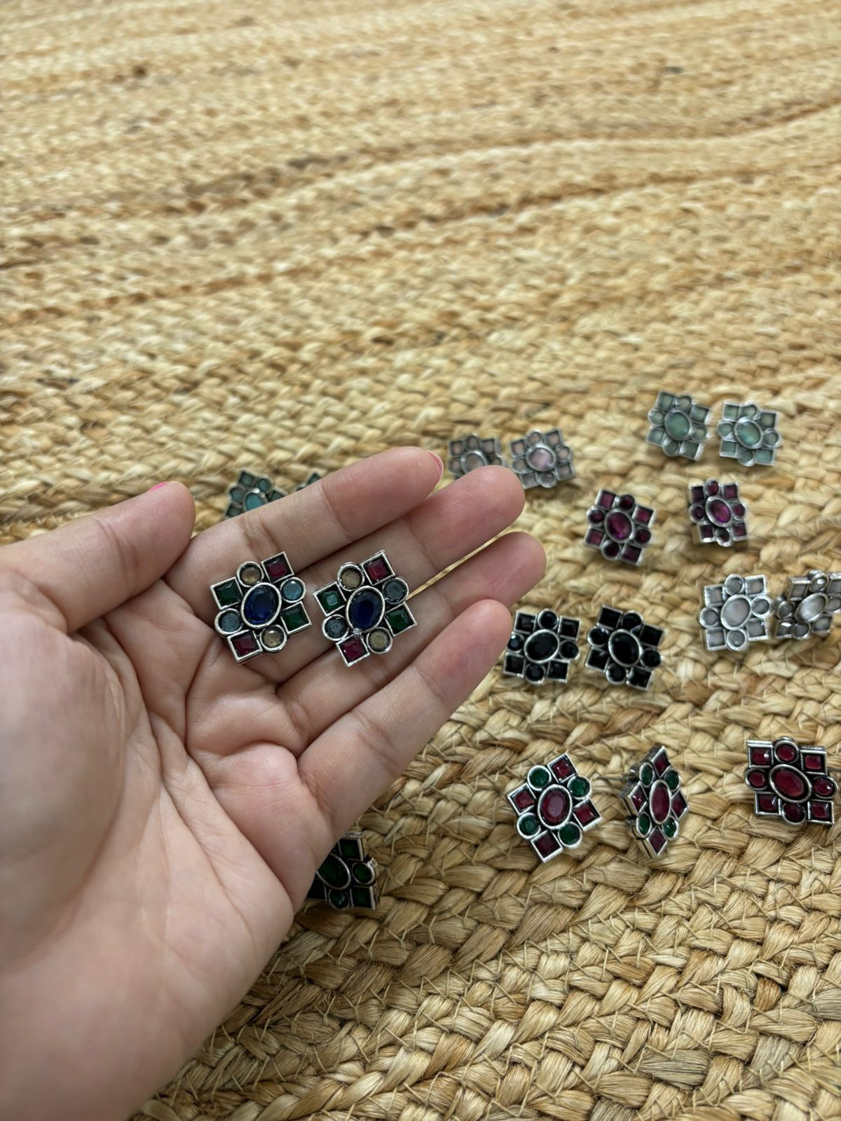 Metallic Silver Oxidised Studs With Stone Settings - Multicolour