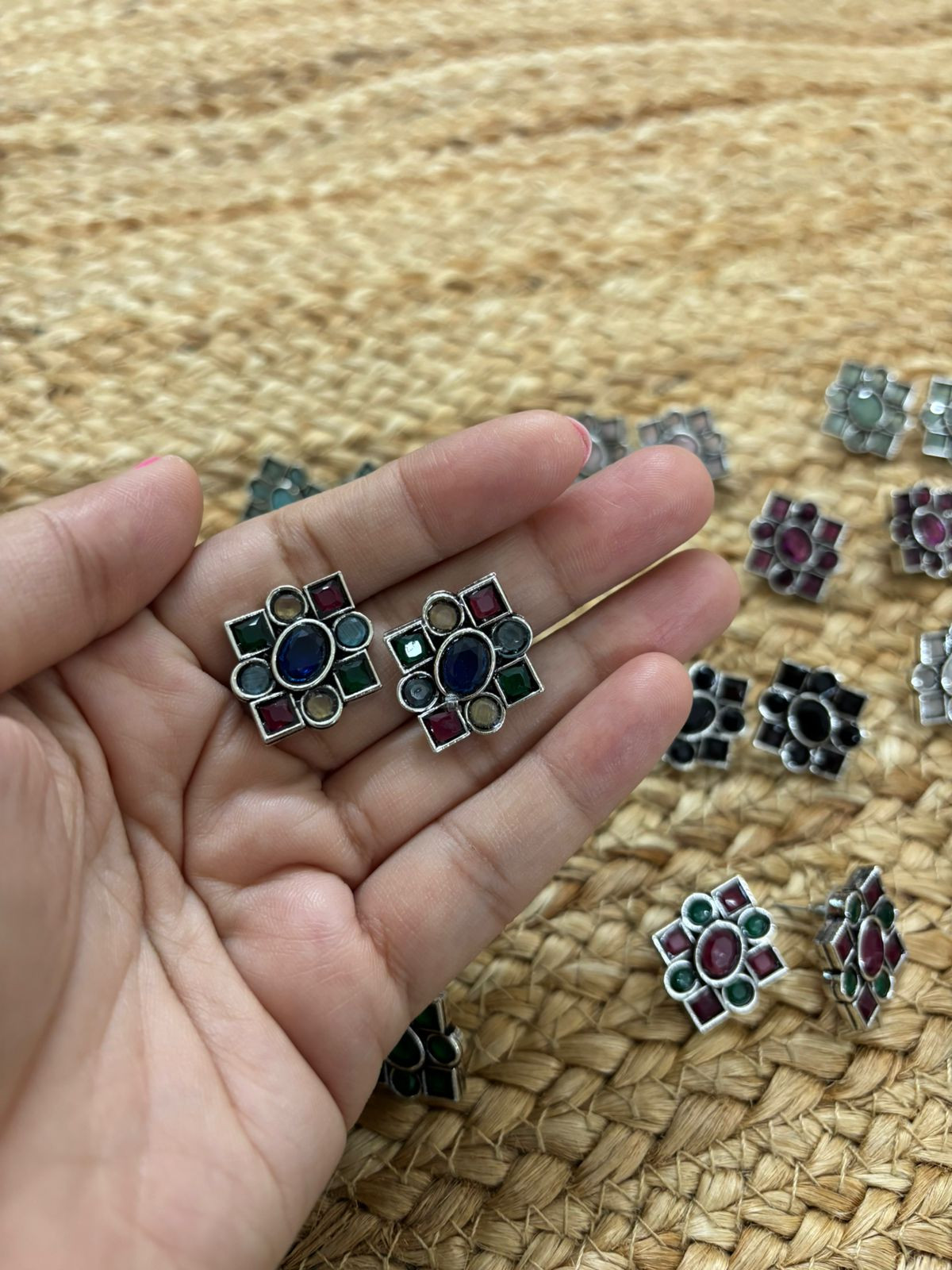 Metallic Silver Oxidised Studs With Stone Settings - Multicolour