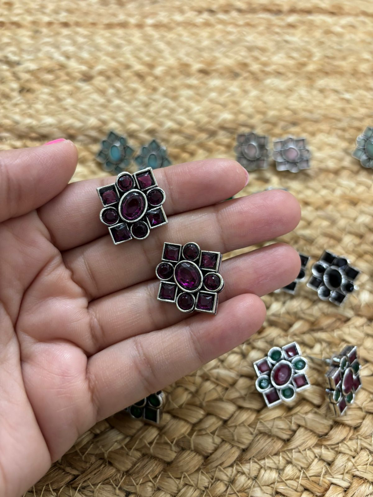 Metallic Silver Oxidised Studs With Stone Settings - Wine