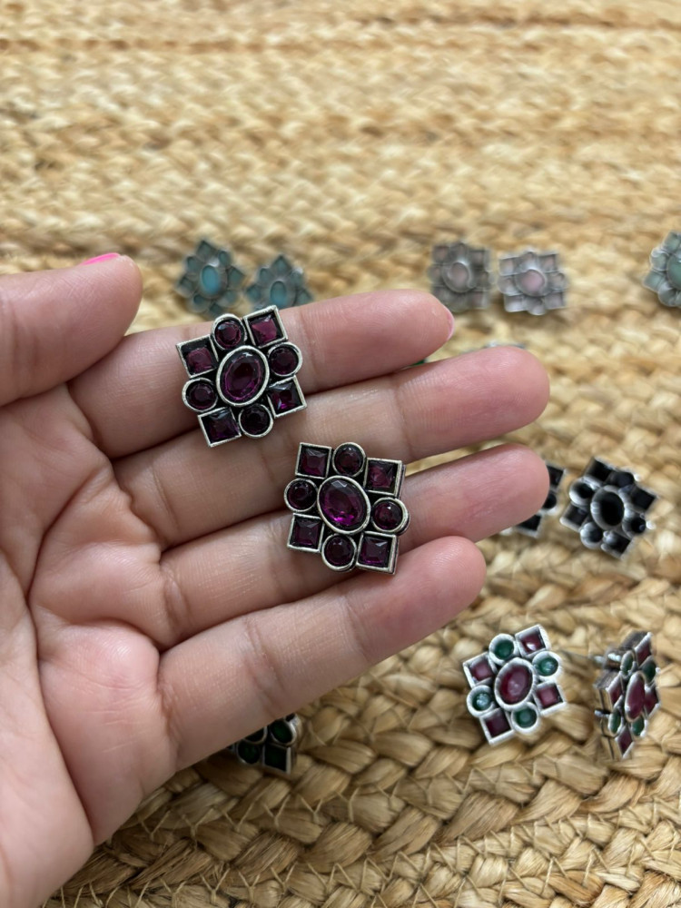 Image of Metallic Silver Oxidised Studs With Stone Settings - Wine