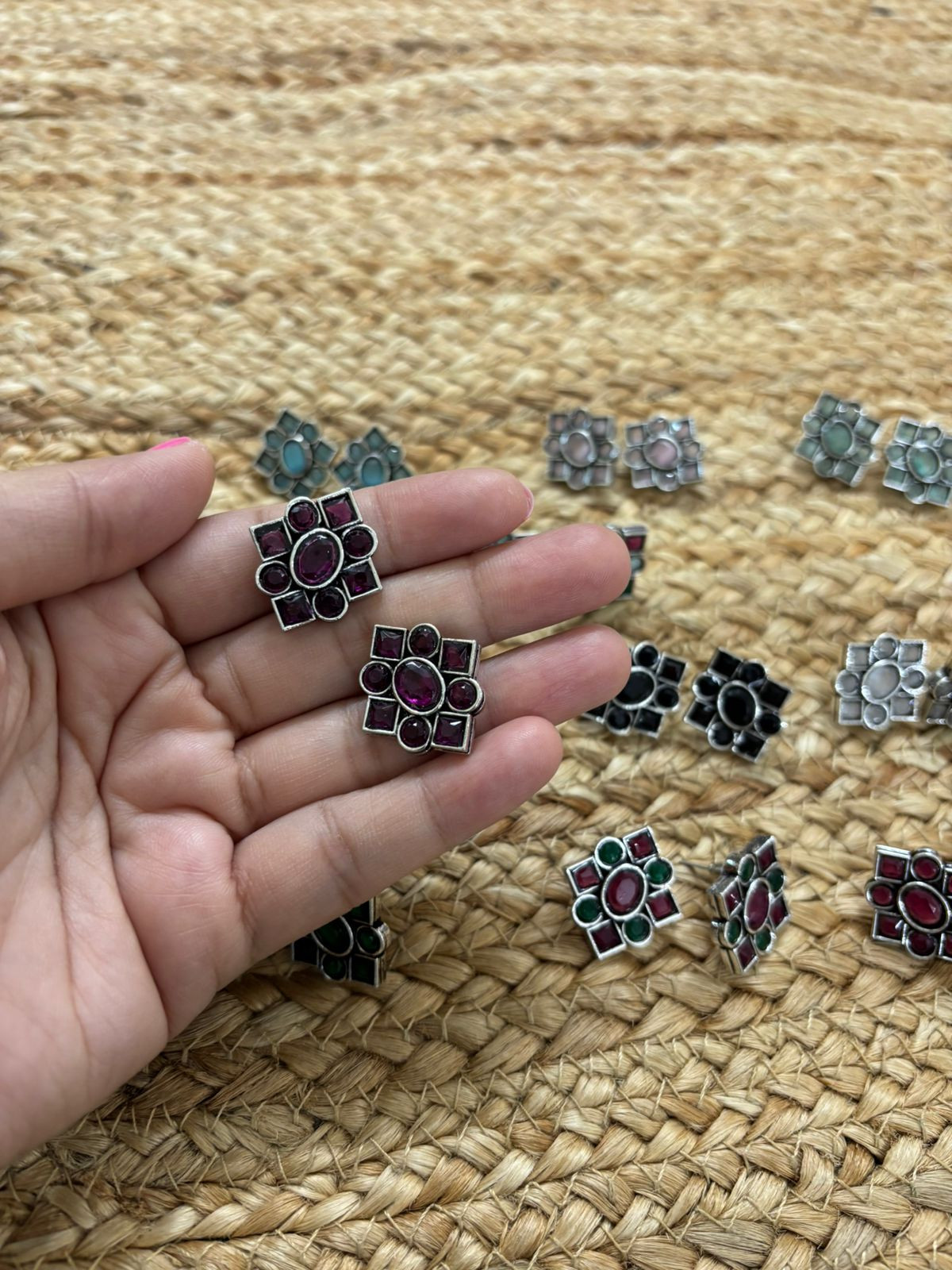 Metallic Silver Oxidised Studs With Stone Settings - Wine