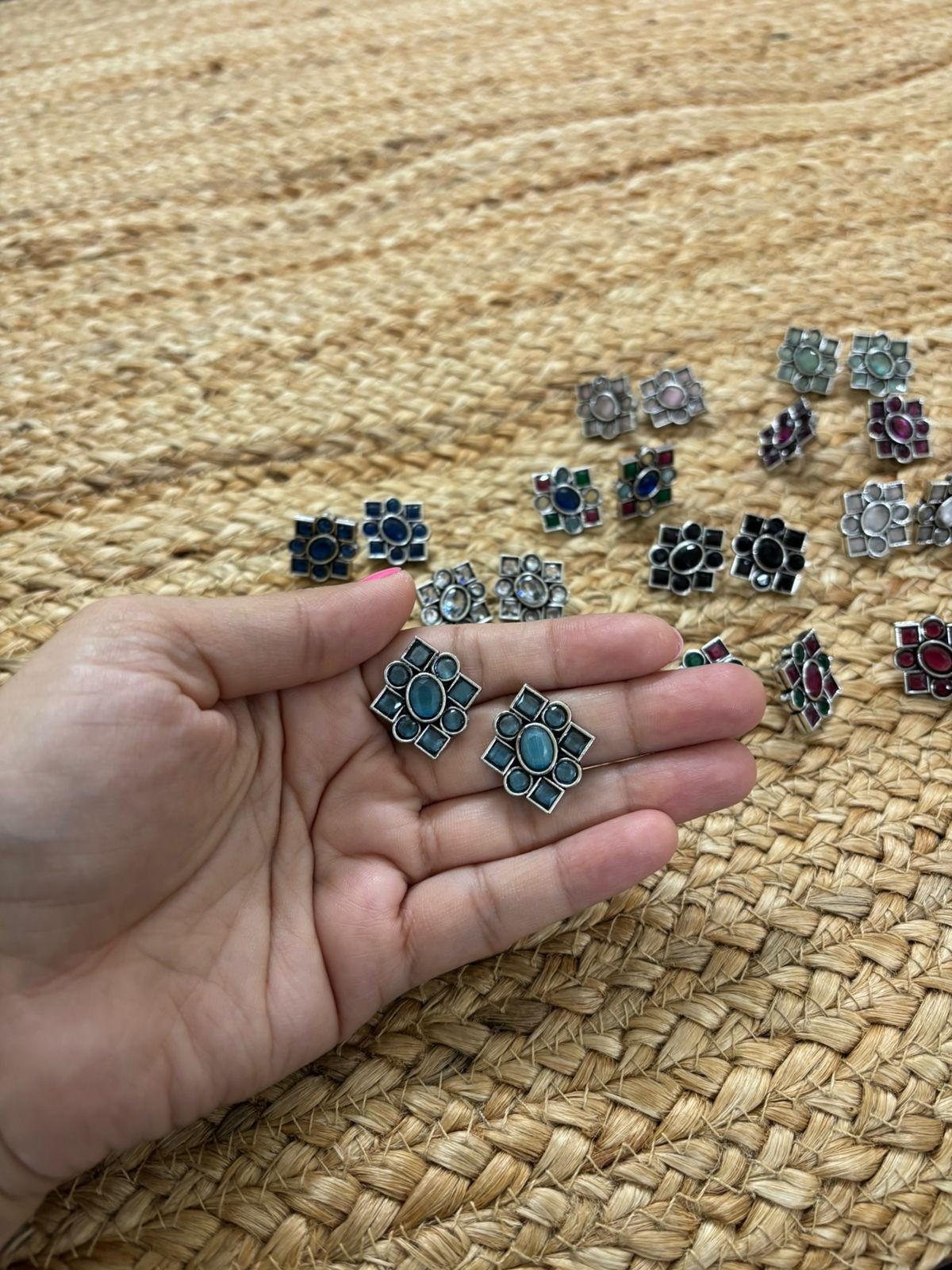 Metallic Silver Oxidised Studs With Stone Settings - Sea Blue