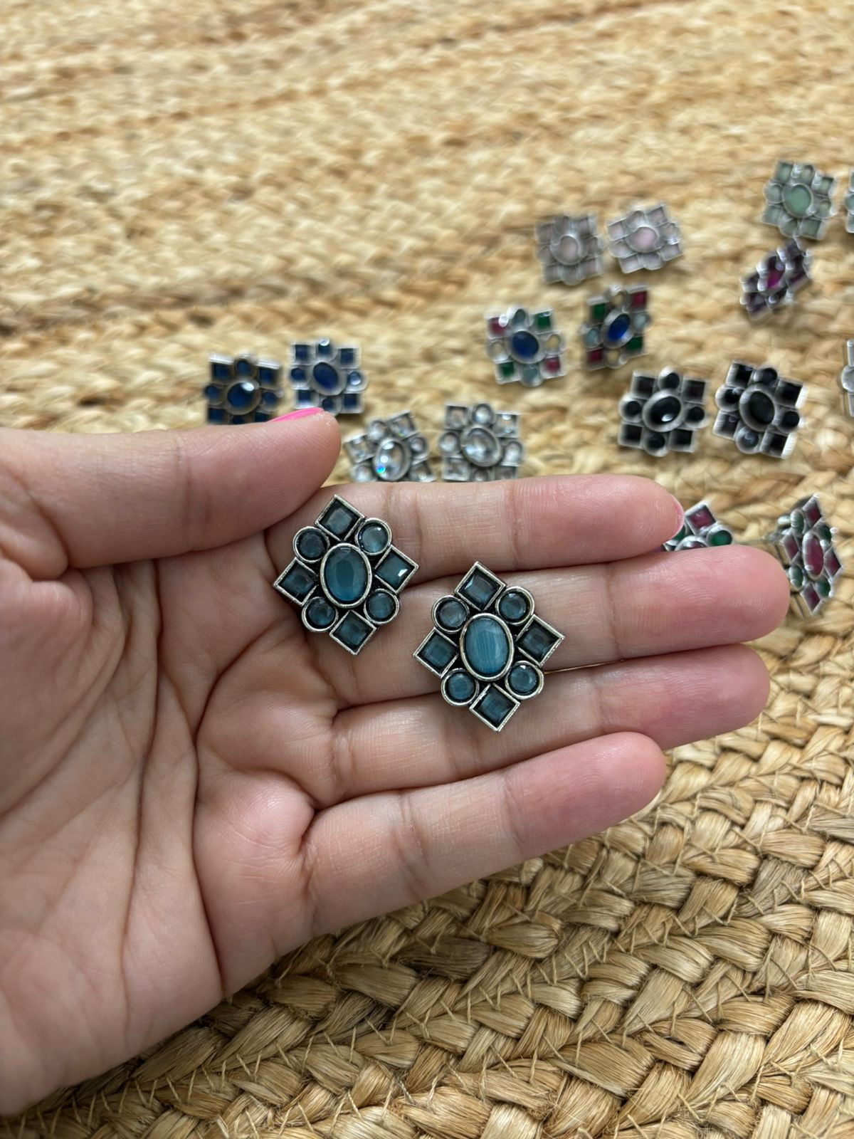 Metallic Silver Oxidised Studs With Stone Settings - Sea Blue