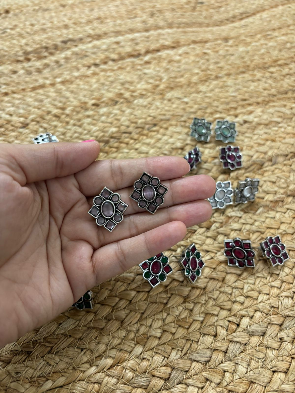 Metallic Silver Oxidised Studs With Stone Settings - Pink