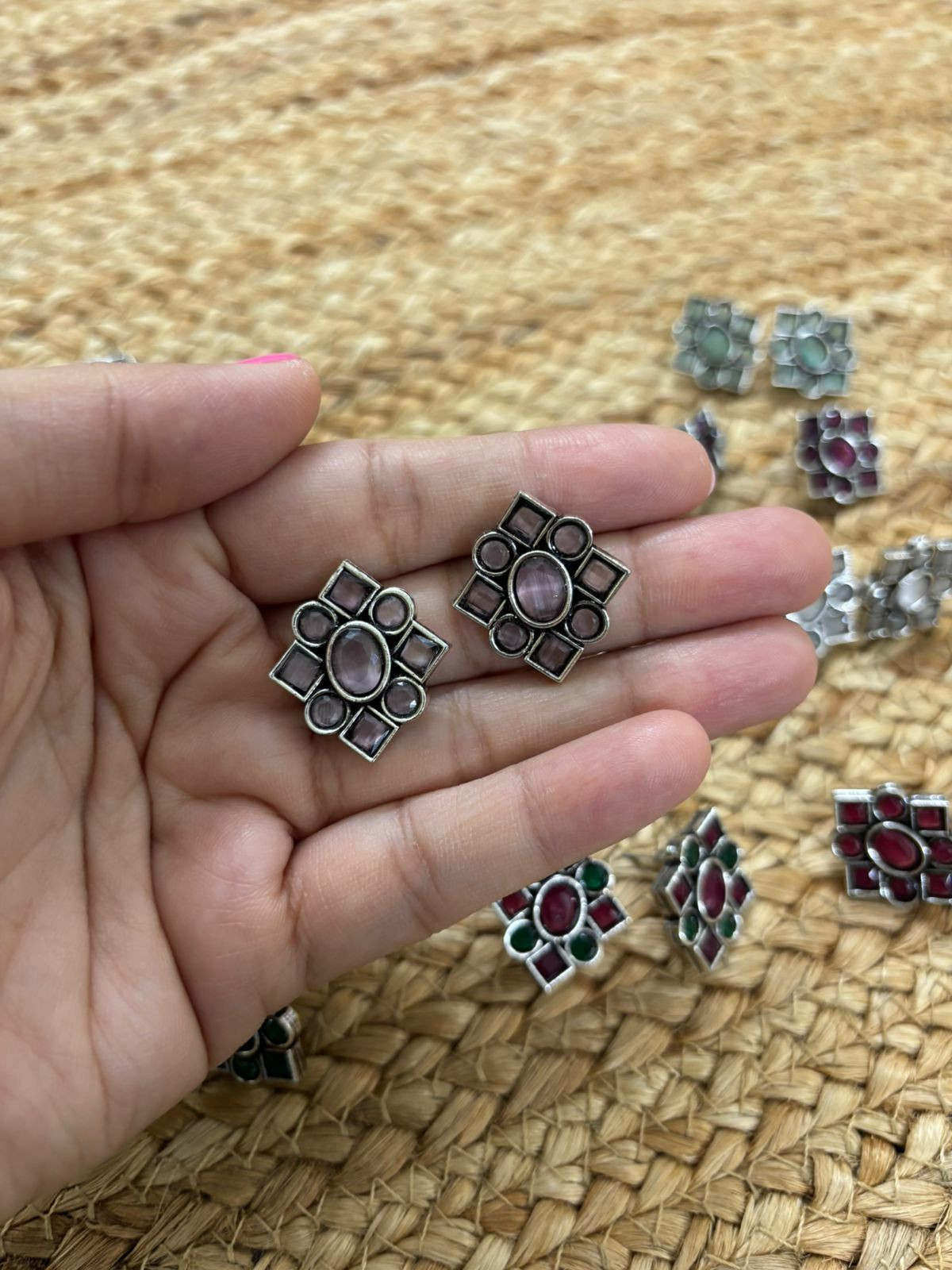 Metallic Silver Oxidised Studs With Stone Settings - Pink