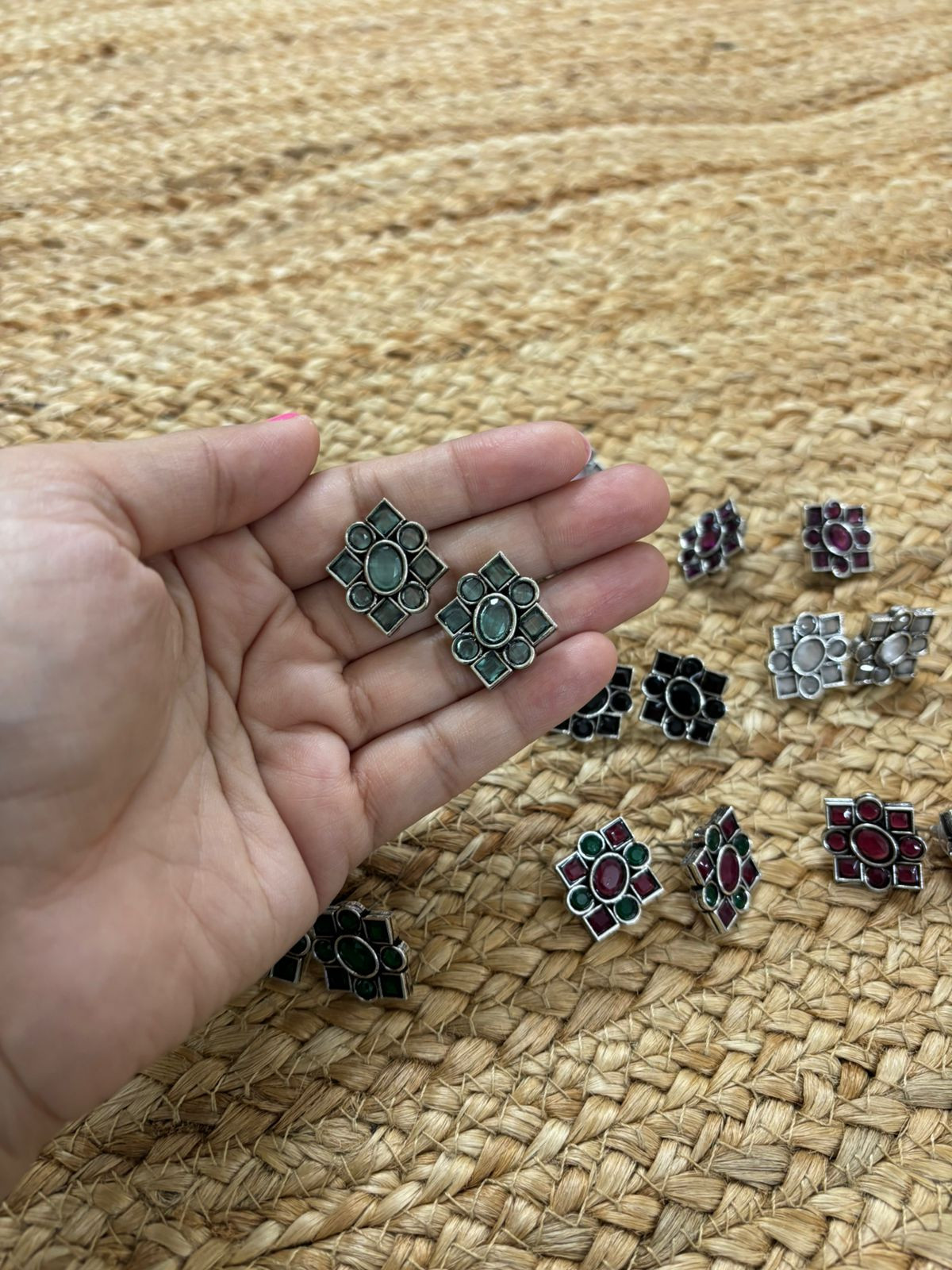 Metallic Silver Oxidised Studs With Stone Settings - Sea Green