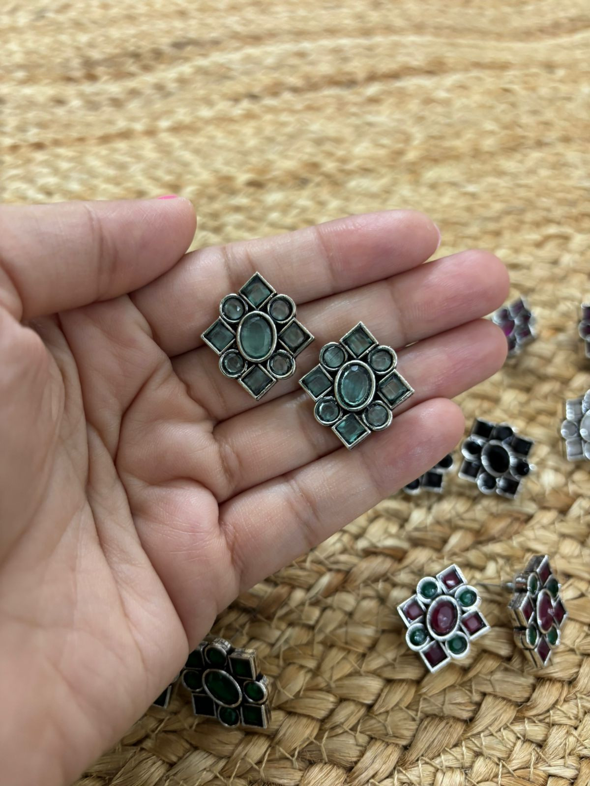 Metallic Silver Oxidised Studs With Stone Settings - Sea Green