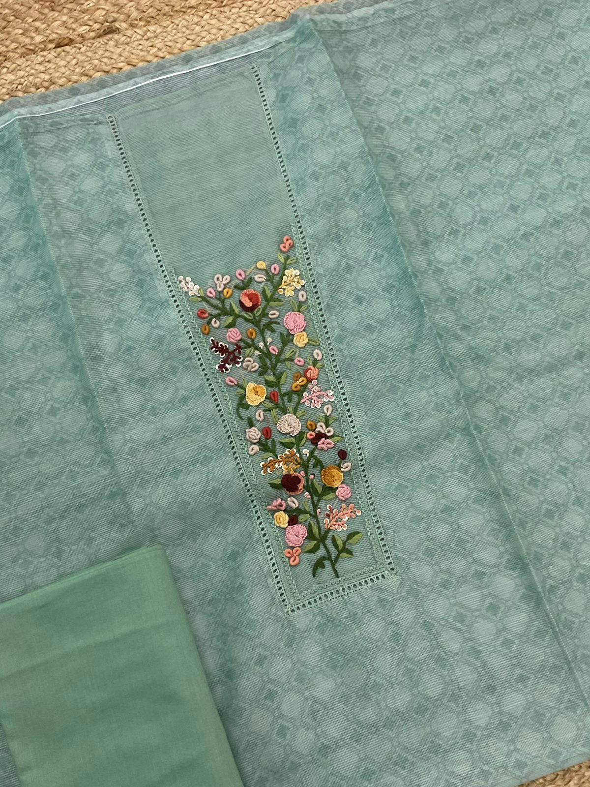 Soft Fine Supernet Printed Embroidered Suit - Green